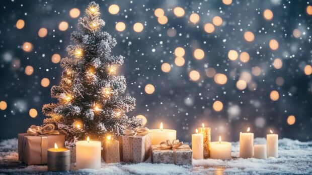 A magical Christmas night24K background with a beautifully lit tree, surrounded by candles and wrapped gifts, set against a snowy background.