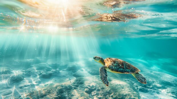 A majestic sea turtle swimming gracefully in clear turquoise waters.