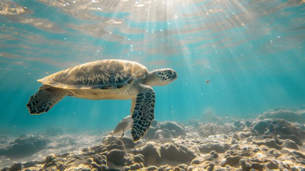 A majestic sea turtle swimming gracefully in clear turquoise waters, sunlight filtering through the waves.