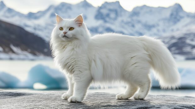 A majestic white cat standing on a snowy landscape, 4K desktop Wallpaper.