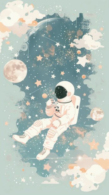 A minimalist aesthetic iPhone wallpaper galaxy featuring a lone astronaut floating amidst stars and galaxies, with soft pastel hues and a tranquil atmosphere.