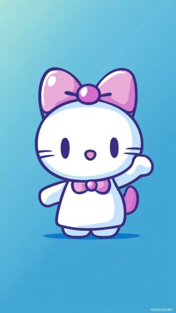 A minimalistic design of Hello Kitty waving, with a soft gradient background in light pastel colors.