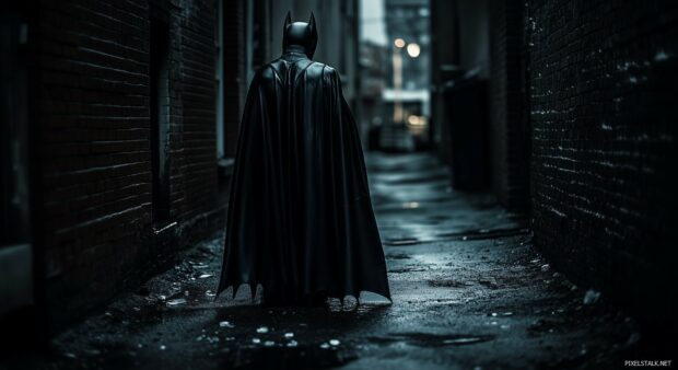 A moody of Batman in a dark alley, with his cape draped over his shoulders.