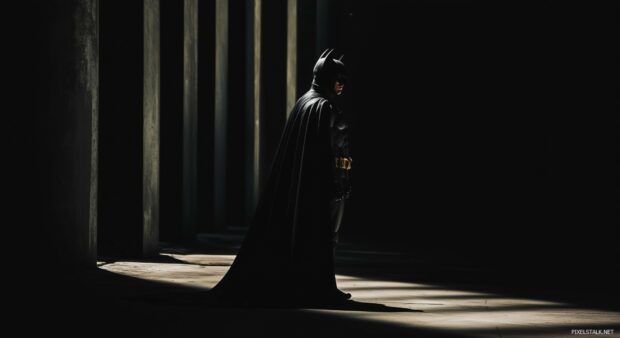 A mysterious portrait of Batman in a shadowy alley, the cape billowing in the wind.