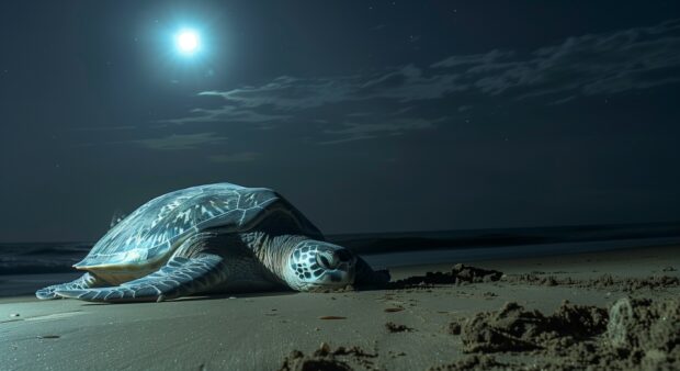 A night time shot of a sea turtle nesting on a quiet beach, illuminated by moonlight.