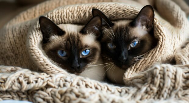 A pair of Siamese cats snuggled together in a cozy blanket.