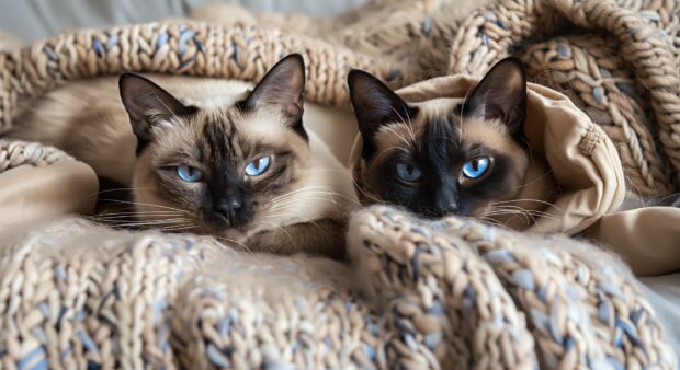 A pair of Siamese cats snuggled together in a cozy blanket, their blue eyes reflecting the warmth of the room.