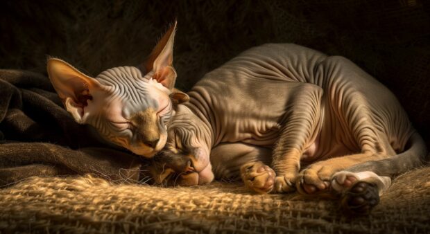 A pair of playful Sphynx cats wrestling on a cozy rug, their unique hairless bodies highlighted by soft lighting.