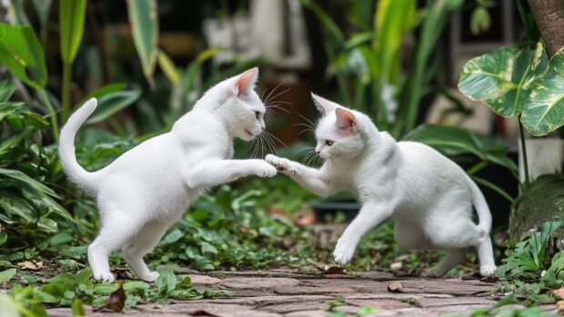 A pair of white cats playing together in a lush green garden.