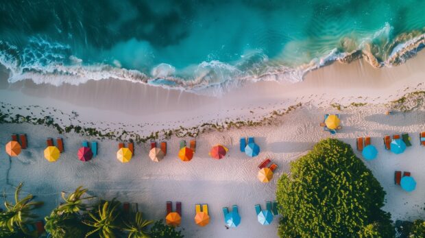 A panoramic view of a Bahamas Beach with colorful Beach umbrellas and loungers.