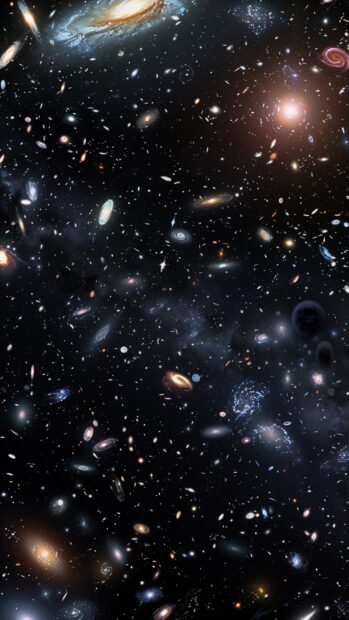 A panoramic view of multiple galaxies with unique shapes and colors, 4K wallpaper for iPhone.