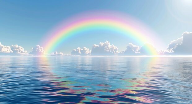 A pastel rainbow over a calm ocean, with gentle waves and a distant horizon.