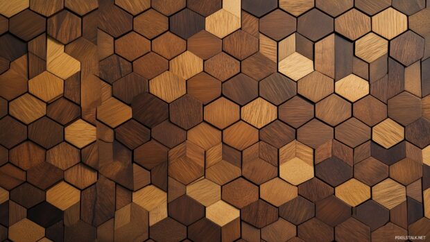 A pattern of interlocking wooden tiles in varying shades of brown, Wood background for desktop.