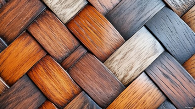 A pattern of interlocking wooden tiles in varying shades of brown, Wood desktop background.