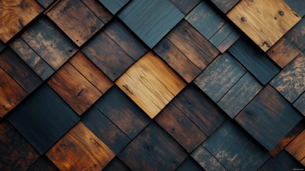 A pattern of wooden shingles with varied tones and rustic charm.