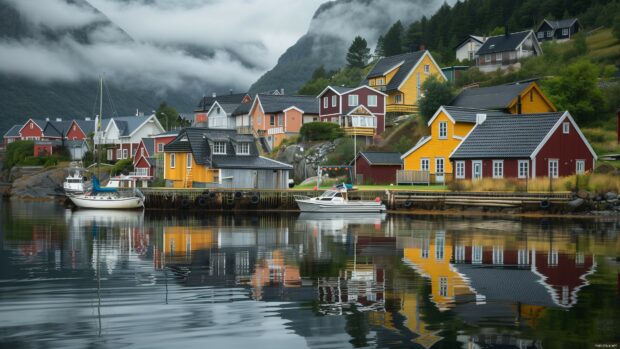 A peaceful coastal village 4K high res wallpaper with colorful houses and boats docked at the marina.