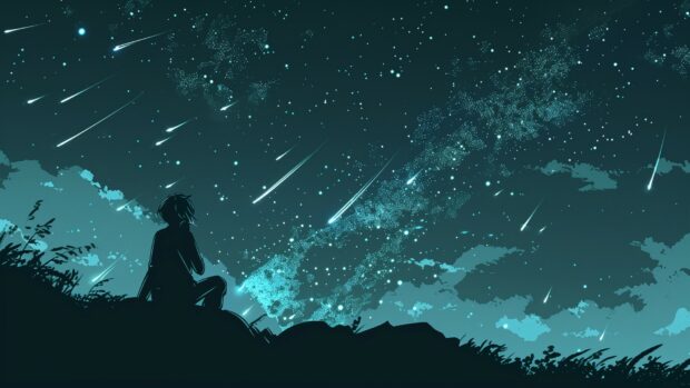 A peaceful galaxy wallpaper showcasing a silhouetted figure sitting on a hill, gazing at the Milky Way and shooting stars.