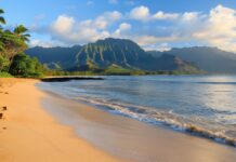 A peaceful morning at Hawaii beach with soft light illuminating the sand and calm waters.