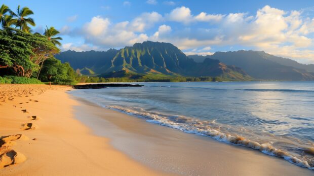 A peaceful morning at Hawaii beach with soft light illuminating the sand and calm waters.