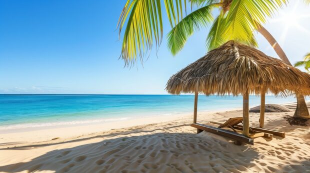 A picturesque Bahamas Beach with swaying palm trees and a thatched roof cabana.