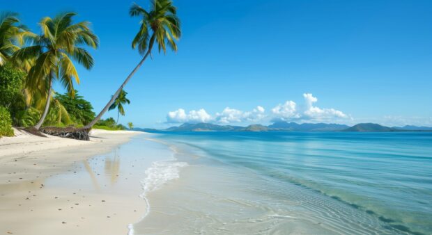 A picturesque Fiji beach wallpaper for desktop with smooth, white sand and gentle waves lapping the shore.