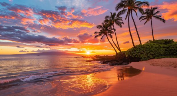 A picturesque sunset at a Hawaii beach with vibrant orange and pink skies reflecting on the ocean (2).