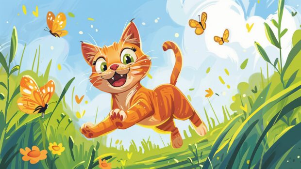 A playful Kawaii cat chasing butterflies in a cartoon style meadow, Wallpaper 4K.