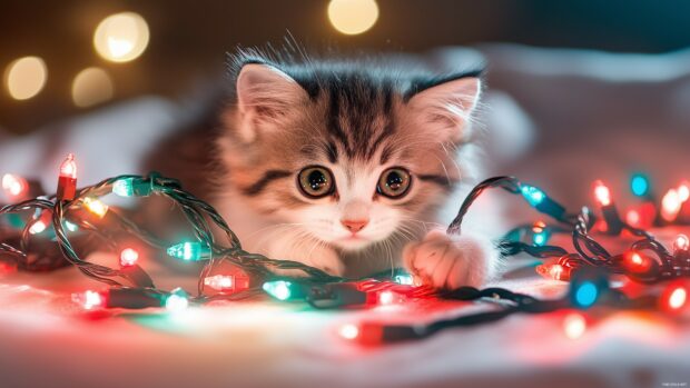 A playful kitten tangled in Christmas lights 4K Wallpaper.