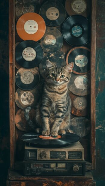 A playful tabby cat among a collection of vintage vinyl records and a record player, in the style of Aesthetic Wallpaper.