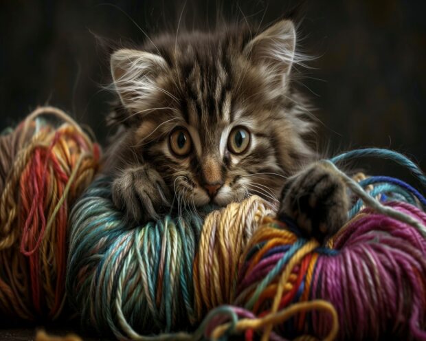 A playful tabby kitten pouncing on a ball of yarn, its tiny paws entangled in the colorful threads.