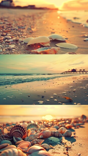 A preppy beach 4K wallpaper collage with snapshots of seashells, beach boardwalks, and calm ocean sunsets.