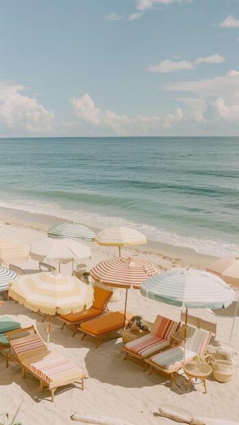 A preppy beach 4K wallpaper with colorful beach umbrellas.