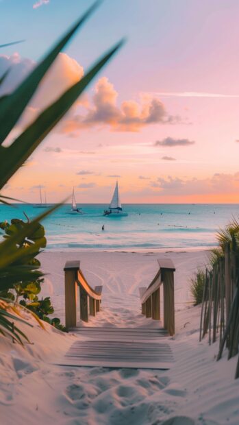 A preppy beach boardwalk at sunset.