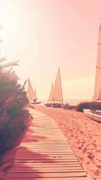 A preppy beach boardwalk at sunset with sailboats in the distance and a pink hued sky.