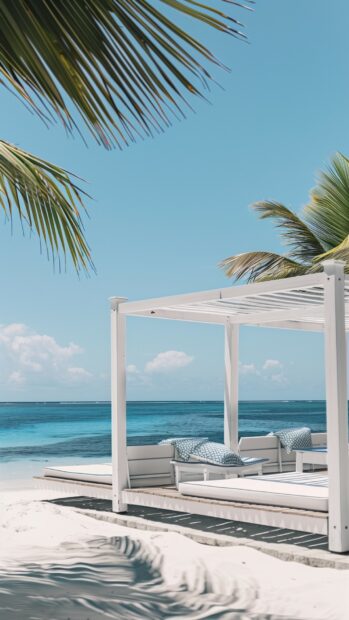 A preppy beach wallpaper HD collage showcasing elegant beach cabanas, pristine sandy shores, and clear blue waves.