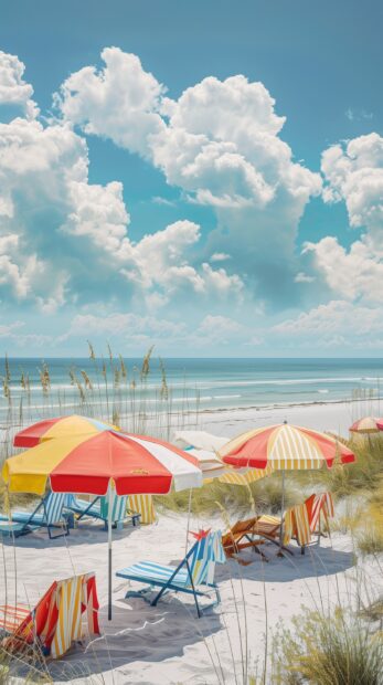 A preppy beach wallpaper collage featuring colorful beach umbrellas, elegant beach chairs, and scenic ocean views.