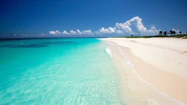 A pristine Bahamas Beach Wallpaper 4K with powdery white sand and turquoise waters, surrounded by palm trees.