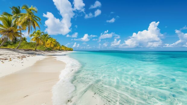 A pristine Bahamas beach wallpaper with powdery white sand and turquoise waters, surrounded by palm trees.