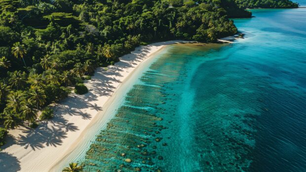 A pristine Fiji beach Desktop HD Wallpaper with crystal clear turquoise waters and white sand, surrounded by lush palm trees.