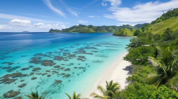 A pristine Fiji beach with crystal clear turquoise waters and white sand, surrounded by lush palm trees.