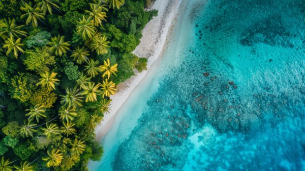 A pristine Fiji beach with crystal clear turquoise waters and white sand, surrounded by lush palm trees, Beach wallpaper 4K.