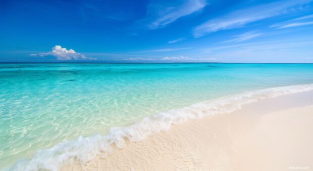 A pristine beach desktop wallpaper HD with crystal clear turquoise waters and white sand.