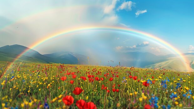 A rainbow appearing over a field of blooming wildflowers, with vibrant colors in the flowers and the sky.