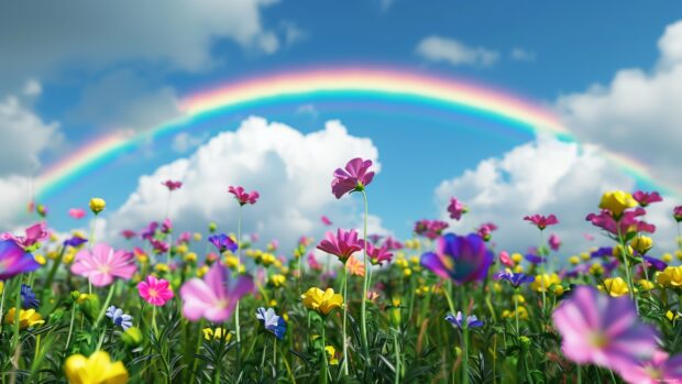 A rainbow appearing over a field of blooming wildflowers, with vibrant colors in the flowers and the sky, 4K desktop wallpaper.