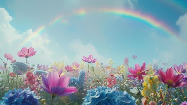 A rainbow appearing over a field of blooming wildflowers, with vibrant colors in the flowers and the sky.