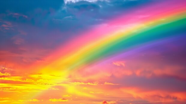 A rainbow at sunset, with the sky filled with hues of orange, pink, and purple.