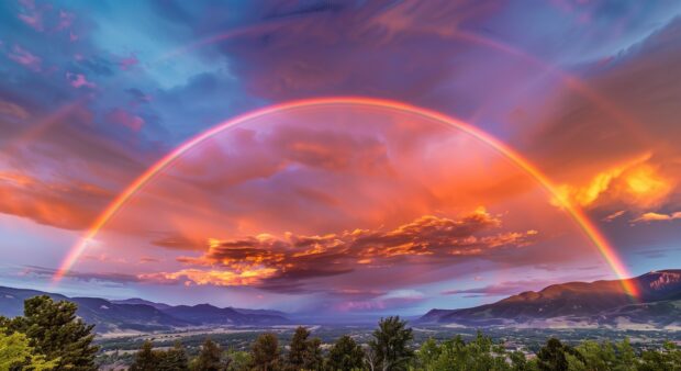 A rainbow background at sunset, with the sky filled with hues of orange, pink, and purple.