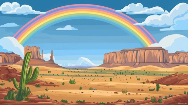 A rainbow in a desert landscape, with sand dunes and cacti in the foreground, 2K QHD desktop wallpaper.