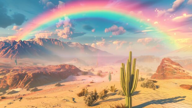 A rainbow in a desert landscape, with sand dunes and cacti in the foreground, 4K background.