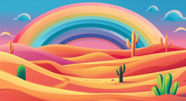 A rainbow in a desert landscape, with sand dunes and cacti in the foreground.